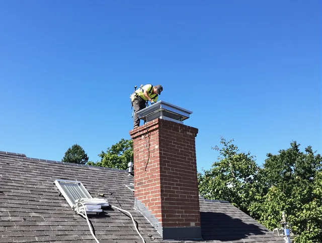 Brecksville Chimney Sweep technician measuring a chimney cap in Brecksville, OH