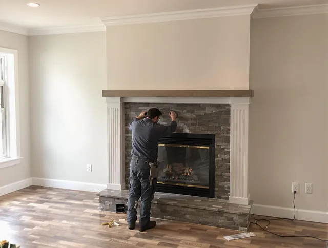 Brecksville Chimney Sweep finishing a custom fireplace install in Brecksville, OH